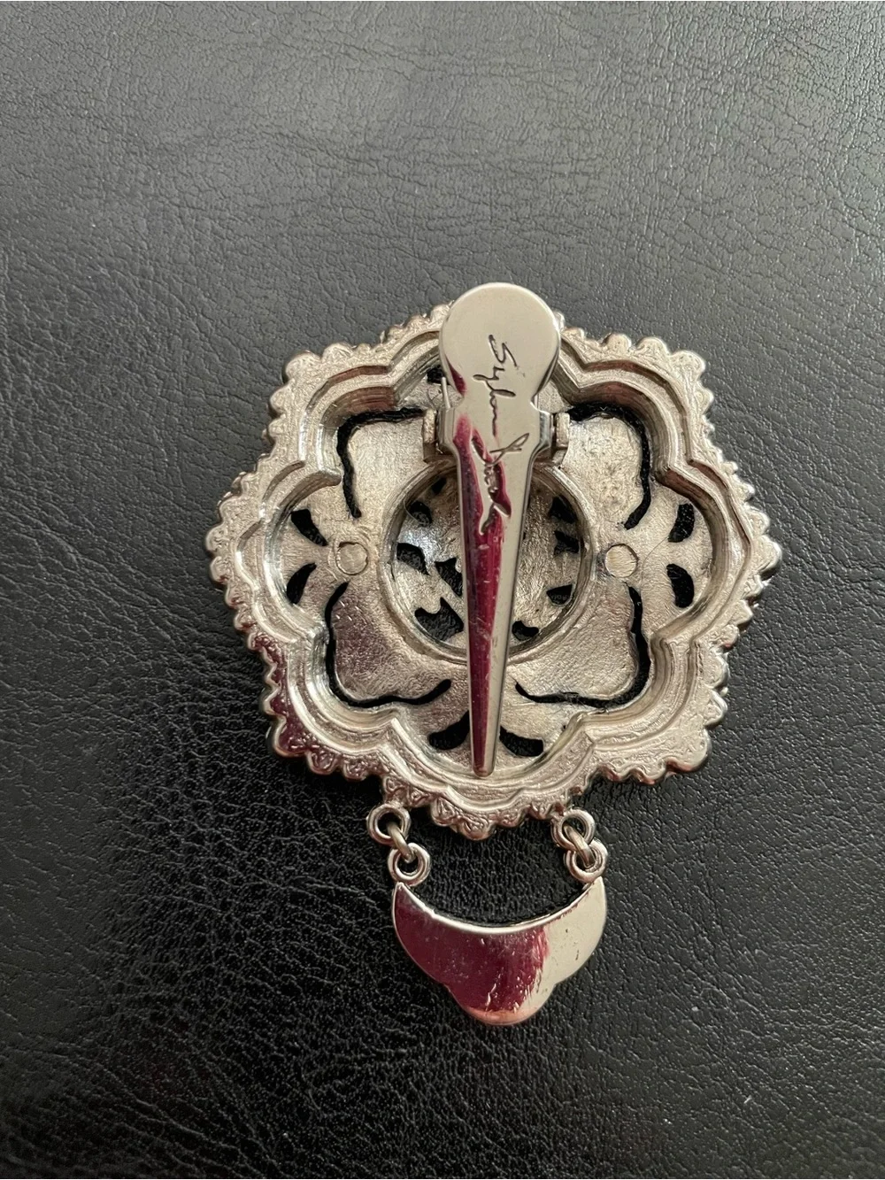 Vintage Sylvia Dahl Ornate Silver Floral Medallion Brooch Scarf Clip 2000 Charm